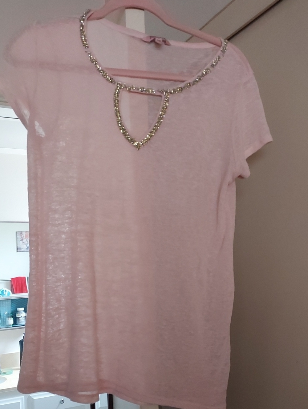 Juicy Couture Pale Pink Jeweled Keyhole Short Sleeve Tee